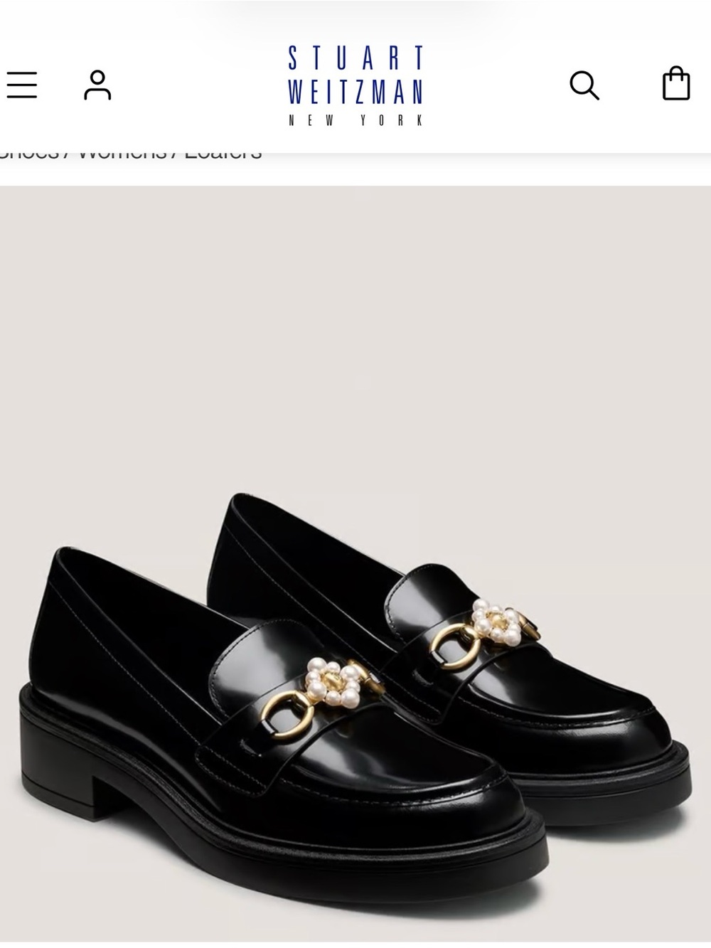 Stuart Weitzman Black Patent Loafers with Pearl & Gold Chain Accent